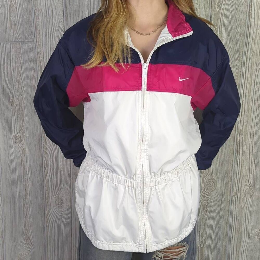 VTG 80s Nike Windbreaker Medium Color Block Track Jacket Pink Blue White Swoosh - Picture 2 of 9